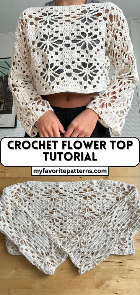 Crochet Flower Top Tutorial - Free Crochet Pattern Crochet Flower Top, Crochet Shirt Pattern, Crochet Crop Top Pattern, Mode Crochet, Diy Vetement, Crochet Tops Free Patterns, Crochet Design Pattern, Flower Top, Crochet Summer Tops