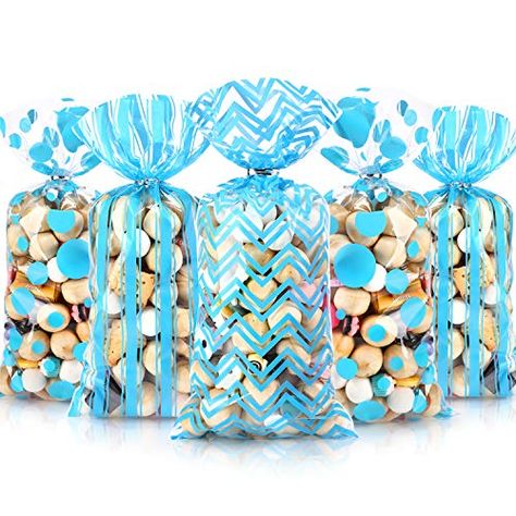 105 Pieces Baby Shower Cellophane Treat Bags, Polka Dot Stripes Chevron Printed Pattern Plastic Goodie Candy Bags wit... Baby Shower Goodie Bags, Gender Reveal Candy, Valentines Birthday Party, Plastic Gift Bags, Event Favors, Christmas Birthday Party, Valentine Birthday, Birthday Party Decor, Beautiful Gift Wrapping