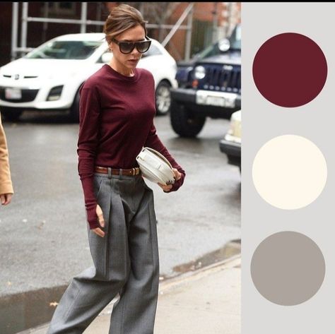 Plum Work Outfit, What Colours Go With Grey Clothes, Oxblood Pants Outfit, Autumn Outfit Colors, Burgundy Color Palette Outfit, Burgundy Womens Outfits, Burgundy And Camel Outfit, Bordo Color Palette, Burgundy Fashion 2024