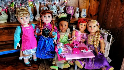 American Girl Disney Princess Dolls: Cinderella, Anna, Tiana, Ariel, and Rapunzel Disney Princess Dolls, Princess Dolls, Ag Dolls, Disney Girls, Rapunzel, American Girl Doll, Girl Dolls, Ariel, American Girl