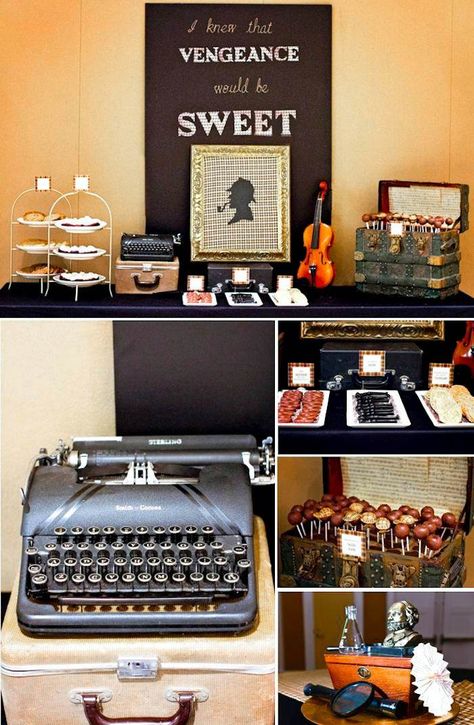 Sherlock Holmes themed party with Such Great Ideas via Kara's Party Ideas KarasPartyIdeas.com #DetectiveParty #MurderMystery #PartyIdeas #SherlockHolmes #PartySupplies #RobertDowneyJr Sherlock Party, Mystery Ideas, Detective Party, Clue Party, Mystery Dinner Party, Spy Party, Mrs Hudson, Mystery Dinner, Dinner Party Themes