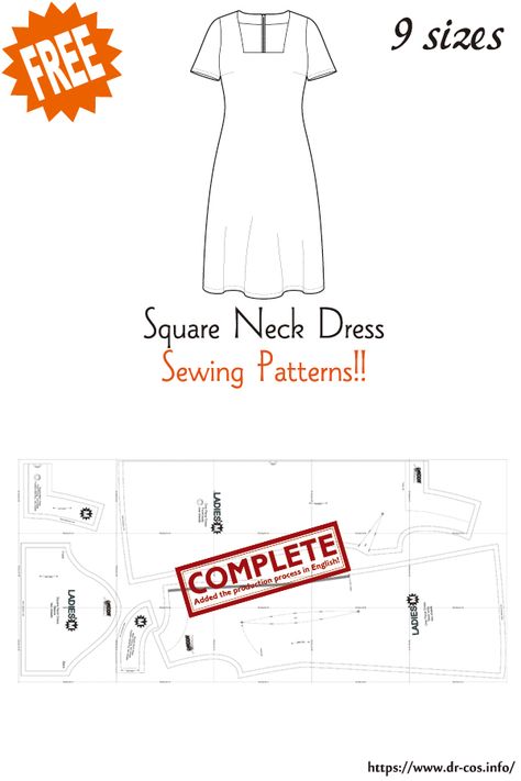 Square Neckline Dress Pattern, Square Neck Sewing Pattern, Square Neck Bodice Pattern, Square Neckline Pattern, Square Neck Top Pattern Sewing, Square Neckline Pattern Drafting, Neckline Pattern, Clothing Projects, Japanese Sewing Patterns