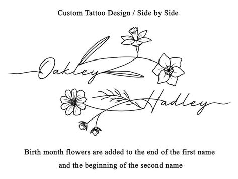 ZetaArtStore - Etsy UK Addison Tattoo Name, Wildflower Name Tattoo, Tattoo Ideas For 2 Sons, Simple Dafodill Tattoo, 2 Names Tattoo Ideas, Birth Flower Bouquet Tattoo With Names, Name In Flower Tattoo, 3 Birth Month Flower Tattoo, Birthflower Name Tattoo