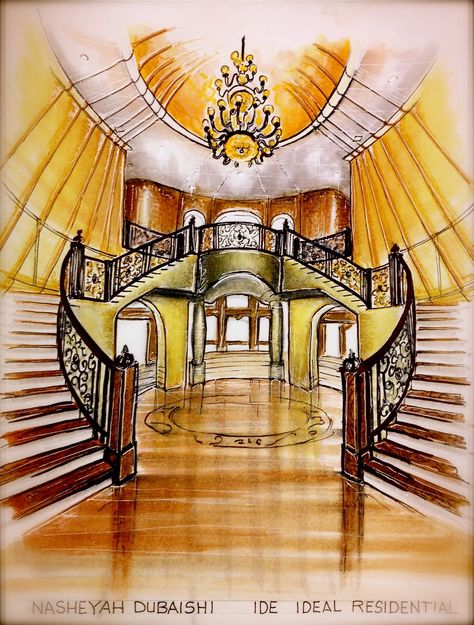 My Interior Design Rendering of A French "Grand Foyer" That Embraces the Person the Momment they Enter!    By Nasheyah Dubaishi Watercolor Perspective, Hotel Sketch, Chateaux Interiors, Ancient Drawings, Hotel Lobby Design, Interior Design Renderings, Interior Architecture Drawing, Drawing Interior, Interior Design Drawings