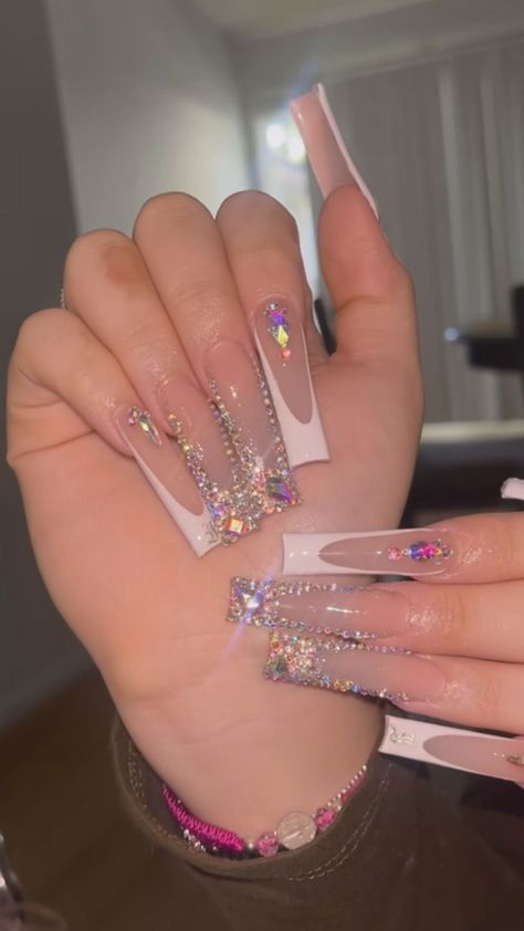 Quinceanera Nails, Tapered Square Nails, Ombre Acrylic Nails, Nails Design With Rhinestones, French Tip Acrylic Nails, French Acrylic Nails, Shiny Nails, Long Acrylic Nails Coffin, Acrylic Nails Coffin Pink