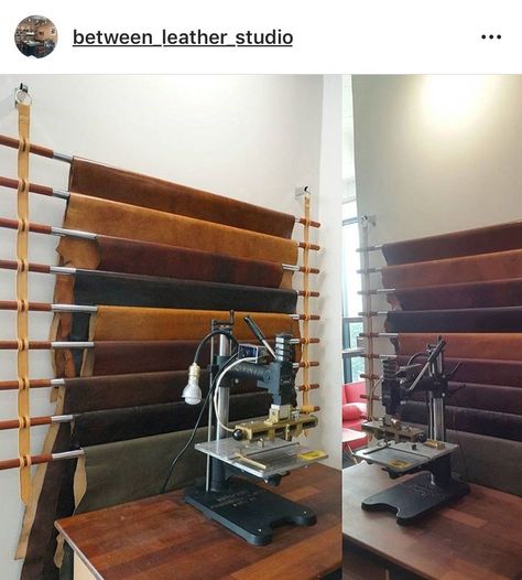 Leather Hide Storage Ideas, Leather Working Station, Leather Storage Ideas, Leather Workshop Studio, Leather Workbench, Leather Workshop Ideas, Upholstery Workshop, Stall Decorations, Diy Leather Working