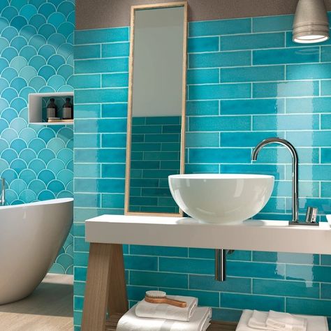 Turquoise Bathroom Tiles, Blue Wall Tile, Modern Wall Tiles, Porcelain Superstore, Turquoise Bathroom, Blue Tile Wall, Small Bathroom Makeover, Feature Tiles, Kitchen Fireplace