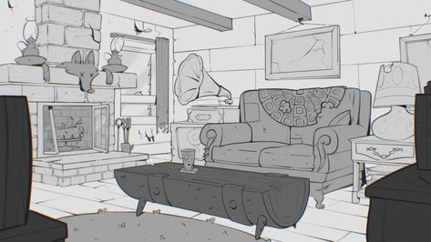 Anime Room Illustration, Old Cabin Interior, Interior Concept Art, Room Illustration, Old Cabin, Environment Painting, Perspective Drawing Architecture, Perspective Drawing Lessons, Bg Design