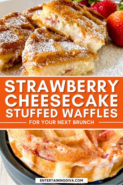 Made with strawberries and cream cheese, this strawberry cheesecake stuffed waffles recipe is delicious! It's perfect for a special occasion breakfast or brunch and is easier to make than it looks. #fromhousetohome #fooddrink Stuffed Waffles Recipe, Strawberries And Cream Cheese, Belgian Waffle Mix, Stuffed Waffles, Entertaining Desserts, Entertaining Dishes, Brunch Celebration, Brunch Easter, Strawberry Waffles