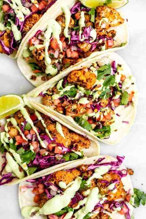 Baked Cauliflower Tacos - Eat With Clarity Roasted Cauliflower Tacos, Cauliflower Tacos, Vegetarian Tacos, Vegan Roast, Diner Recipes, Easy Chicken Dinner Recipes, Baked Cauliflower, Shrimp Tacos, Fair Food Recipes