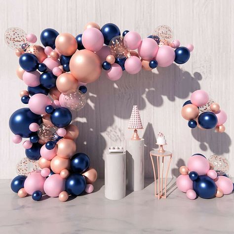 Product Description Rose Gold and Navy blue Balloons Theme This is a very delicate combination of balloons, dark and light colors with a sharp contrast, refraction of different light to make the atmosphere looks more stunning.This gender reveal balloons garland coordinating rose gold and navy blue balloons color combination, especially adding some rose gold confetti balloons, which further enhances the atmosphere of gender reveal party, perfect for gender reveal backdrop. Ballon Arch Kit include Gender Reveal Ideas For Party, Simple Wedding Arch, Baby Shower Roses, Space Party Decorations, Gender Reveal Party Supplies, Blowing Up Balloons, Gender Reveal Themes, Gender Reveal Ideas, Navy Blue And Pink