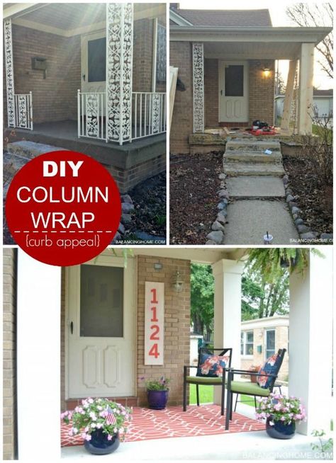 Cover unsightly porch columns with this DIY Column Wrap. Curb Appeal Hacks and Tips - Frugal Home Ideas to Increase Your Home Value. Update the appearance for your home for little expense on Frugal Coupon Living. Landscaping Front Yard With Porch, Front Yard With Porch, Porch Curb Appeal, Curb Appeal Porch, Craftsman Style Porch, Exterior Columns, Front Porch Columns, Column Wrap, Front Yards Curb Appeal