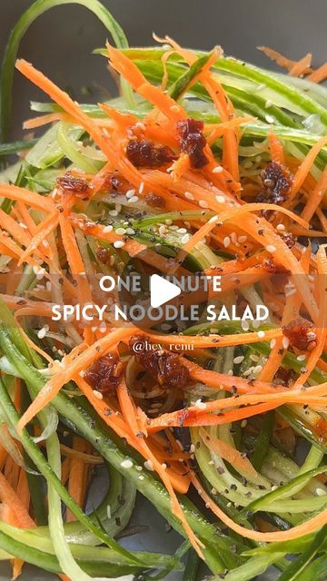 Renu Bhardwaj on Instagram: "Recipe here👇🏽1 minute spicy noodles @hey_renu 
Carrot & cucumber salad gut health 

📍Save recipe 

A quick salad snack or a perfect side to your main. A gut healthy, hormone salad that’s ready in 1 minute. Also, use up those carrots ♻️

A simple take on my carrot ribbon salad, julienne peel season and add a spoon of my garlic chilli oil. 
👉🏽Check my recipe on grid, easy and versatile to make.

Ingredients:
-2 medium carrots 
-1 large cucumber 
-1/2 lemon 
-1/2 salt, @blackthornsalt pepper and sesame seeds
-1 tsp chilli garlic oil (check my recipe for this)

Method:
-Carefully peel the carrots, if you place on a flat surface it’s easier. 
-With the cucumber, peel until the seeds otherwise it turns to mush. 
-Using my fav lemon squeezer @dreamfarm add lemon Hormone Salad, Carrot And Cucumber Salad, Carrot Ribbon Salad, Peel Season, Garlic Chilli Oil, Carrots Salad, Ribbon Salad, Chilli Oil, Quick Salads