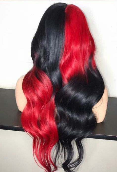 Red Outfit Accessories, Four Way Split Dyed Hair, Black Hair With Fashion Colors, Black Colorful Hair, Dyed Hair For Brunettes Red, Unique Ombre Hair Color Ideas, Avatar Inspired Hair, Red And Black Hair Color Ideas, 2 Color Hair Dye Ideas