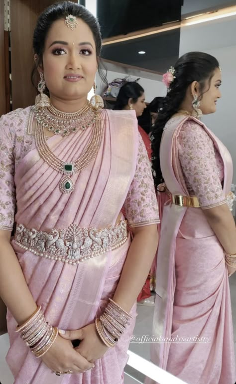 Baby Pink Maggam Work Blouses, Light Pink Pattu Saree, Baby Pink Pattu Saree, Pink Kanjivaram Saree, Madras City, Indian Bride Jewellery, South Indian Bride Jewellery, Blue Banarasi Saree, Kids Saree