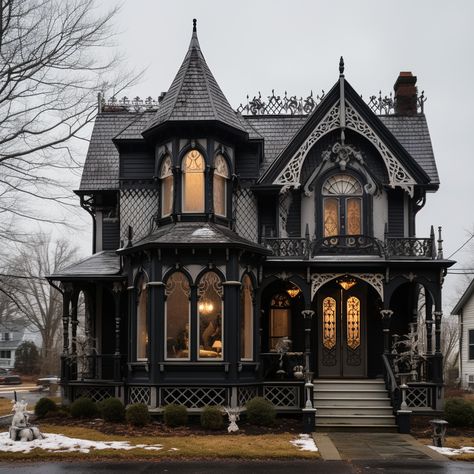 Southern Gothic House Plan, Gothic Home Floor Plan, American Gothic Architecture, Victorian House Mansion, Creepy House Exterior, Witches House Exterior, Goth Style House, Classic Victorian House, Goth Houses Exterior