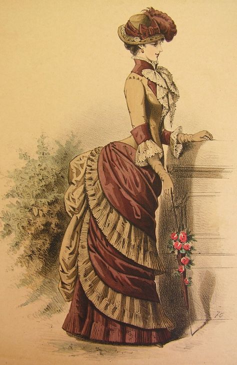 Final phase of the Bustle period: shelflike projection of the skirt, no train, high boned collar, elaborately decorative hat 1880 Fashion, Victorian Era Fashion, 1880s Fashion, Bustle Dress, Fashion Illustration Vintage, 19th Century Fashion, History Fashion, Have Inspiration, Victorian Steampunk