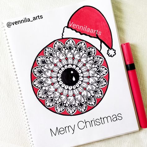 Christmas Christmas Mandala Art With Pen, Merry Christmas Mandala Art, Christmas Mandala Art Drawing, Christmas Mandala Drawing, Holiday Zentangle, Christmas Mandala Art, Easy Mandala Art For Beginners, Merry Christmas Drawing, Easy Mandala Art