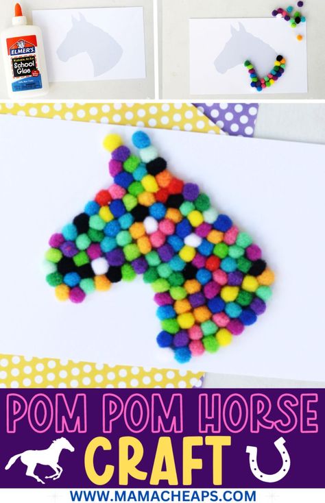 Create a pretty horse themed picture that really POPS! This pom pom horse craft is colorful and extra fun with the 3D fuzzy pom pom element. Get the tutorial and supply list on our blog. This craft would make a great activity for just about any age - preschool age through adult! Perfect for camp or rainy days or a unit on farm animals. #diy #craft #thegingerbreadpony #pompom #horse #pony Horse Arts And Crafts, Pom Pom Horse, Easy Horse Crafts, Horse Camp Activities Ideas, Horse Art And Craft For Preschool, Horse Camp Crafts, Horse Crafts For Kids, Pony Camp Activities, Horse Camp Activities