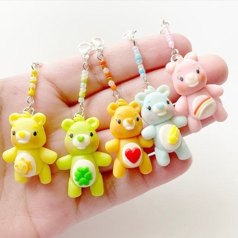 Polymer Clay Care Bears, Care Bear Clay, Beads Craft Kids, Bear Clay, Charms Necklaces, Nostalgic Childhood, Clay Bear, Mixed Media Crafts, Cute Polymer Clay