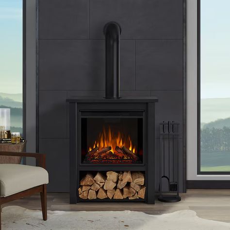 Real Flame 32-in W Black Fan-forced Flat Wall Electric Fireplace with Remote Control Included in the Electric Fireplaces department at Lowes.com Wall Electric Fireplace, Basement Living, Standing Fans, Electric Fireplaces, Basement Living Rooms, Real Flame, Tiny Spaces, Electric Fireplace, Wood Stove