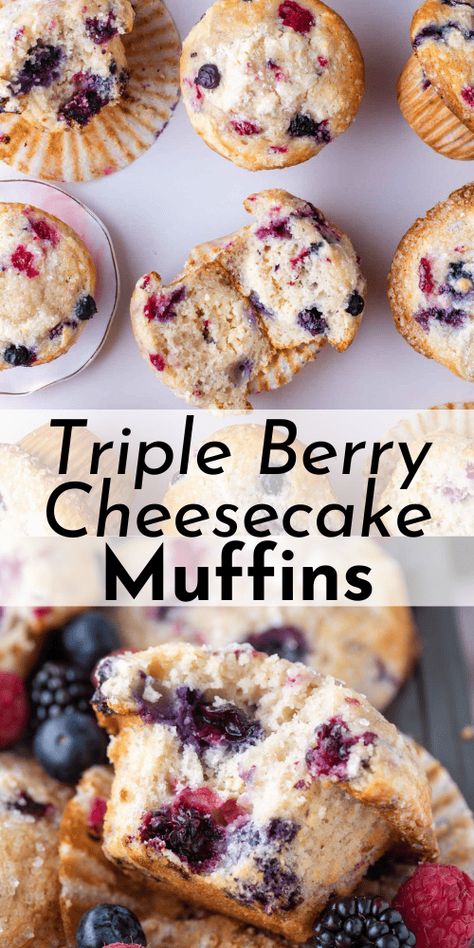 You have just found your new favorite crowd-wowing recipe - triple berry cheesecake muffins! Packed with fresh berries, these moist, fluffy muffins are layered with cheesecake goodness. Plus, I’m teaching you my tried and true steps to making impressive bakery-style domed tops! Triple Berry Cheesecake, Triple Berry Muffins, Berry Muffin Recipe, Mixed Berry Muffins, Freeze Muffins, Muffin Cups Recipes, Fluffy Muffins, Berry Pancakes, Cheesecake Muffins