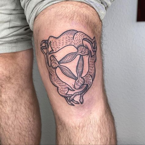 @tobiasvettertattoo 3 Hares Tattoo, Turtle And Hare Tattoo, Three Hares Tattoo, Hare Skull Tattoo, Leaping Hare Tattoo, Earth Rabbit Tattoo, Hare Tattoo, Rabbit Tattoos, Skull Tattoo