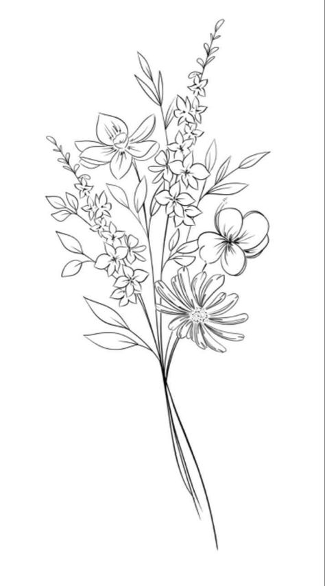 Simple Flower Bundle Tattoo, Bushel Of Flowers Tattoo, Simple Wildflower Bouquet Drawing, Flower Bouquet Tattoo Stencil, Wildflower Tattoo Stencil, Bouqette Of Flower Tattoo, Fine Line Floral Bouquet Tattoo, Crysantenum Flower Tattoo, Flower Bundle Tattoos