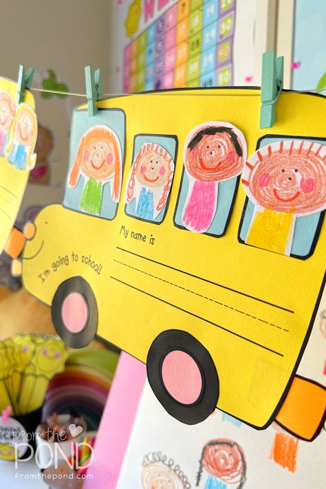 Make an adorable back to school bus to help your learners write their name, draw some kids and practice scissor skills! Read more on the blog! First Grade Art Activities, School Bus Preschool Craft, Back To School Activities For Preschool, Bus Activities, School Bus Craft, Bus Diy, Bus Craft, School Bus Crafts, Kindergarten Art Activities