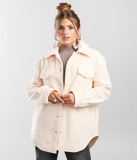 Shinestar Fleece Shacket - Cream Medium, Women's Pearlivory Button down shirt jacket High low hem Side seam pockets Bust measures 42 on size small Body length 27 on size small Model Info: Height: 5'5 | Bust: 34 | Waist: 24 | Hip: 35 | Wearing Size: Medium. Layering piece(s) and/or accessories sold separately.. 100% Polyester. Hand wash cold. Do not bleach. Line dry. Do not iron.. Measurements: Bust -Fullest part of bust with arms at sides. Waist -Circumference of natural waist: above belly butto Cream Shacket Outfit, White Shacket Outfit, Shackets For Women, Shacket Outfit, Fleece Shacket, Buckle Jackets, Plus Size Winter Outfits, Plus Size Winter, Unique Fall