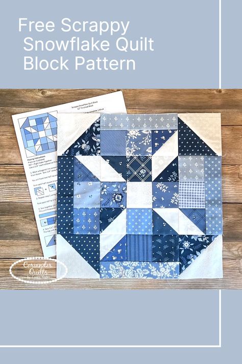 Download this free Scrappy Snowflake quilt block pattern. Snowflake Quilt Blocks Free Pattern, Snowflake Quilt Block Pattern, Snowflake Quilt Pattern Free Printable, Quilt Snowflake, Snazzy Snowflake Quilt Block, Jelly Roll Snowflake Mystery Quilt, Blueberry Delight, Snowflake Quilt, Christmas Quilt Patterns