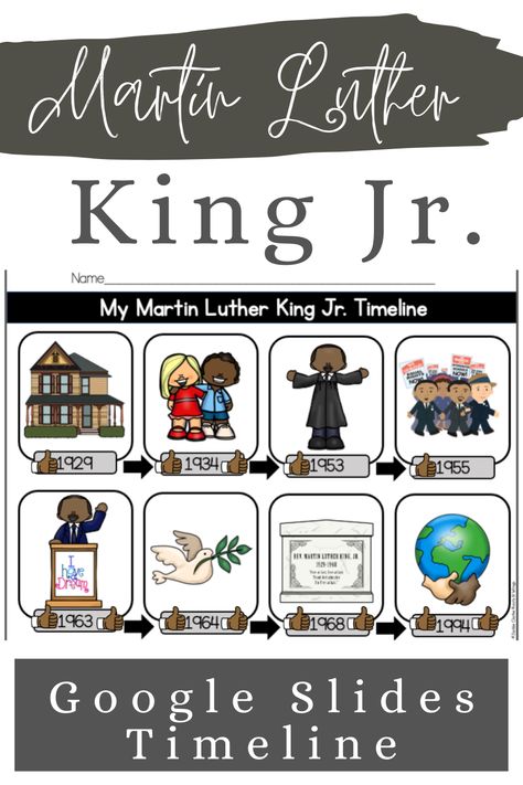 Use these digital and print activities to teach young children about the life and work of Martin Luther King Jr., while also learning how a timeline is used to tell the story of a person's life. Use the clickable Google Slide to display a MLK timeline that allows you to easily access the video and website links. Activities include games, songs, crafts, experiments, and educational videos, to help children learn about Martin Luther King Jr.'s commitment to peace and fairness. Mlk Kindergarten, Martin Luther King Jr Activities, Kids Going To School, Activities For Kindergarten, Mlk Jr, Difficult Conversations, Teaching Kindergarten, King Jr, Martin Luther King Jr