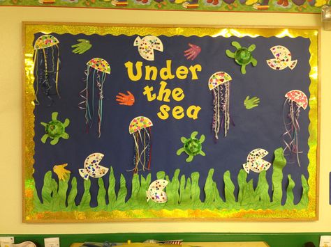 Under the sea bulletin board Under The Sea Bulletin Board, Sea Bulletin Board, Toddler Bulletin Boards, Ocean Bulletin Board, Kids Bulletin Boards, Class Board, Under The Sea Crafts, Preschool Boards, Summer Bulletin Boards