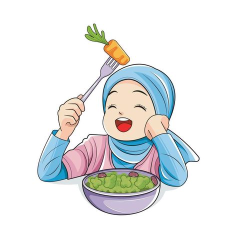 Healthy food. Little girl in hijab loves to eat vegetables. Vector illustration Healthy Food Poster Drawing, Healthy Eating Poster Drawing, Sharing Food Illustration, Eating Healthy Foods Clipart, Cartoons Eating, Kids Eating Healthy Food Cartoon, Food Cartoon, Anime Muslim, Food Clipart