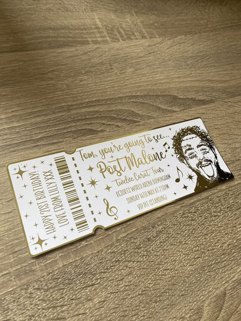 Handmade personalised Post Malone gold foiled ticket! Click the link to visit my Etsy. Homemade Concert Tickets, Diy Concert Tickets Gift, Post Malone Concert, Concert Ticket Gift, Custom Tickets, Concert Ticket, Happy 21st Birthday, Jolly Holiday, Cute Christmas Gifts