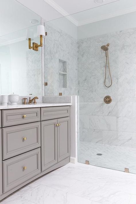 White Porcelain Marble Like Bathroom Tiles, Contemporary, Bathroom, Benjamin Moore Chelsea Gray Makeover Kamar Mandi, Luxury Bathroom Master Baths, Bad Inspiration, Gray Cabinets, Gold Fixtures, Property Brothers, Master Bath Remodel, Marble Counter, Subway Tiles