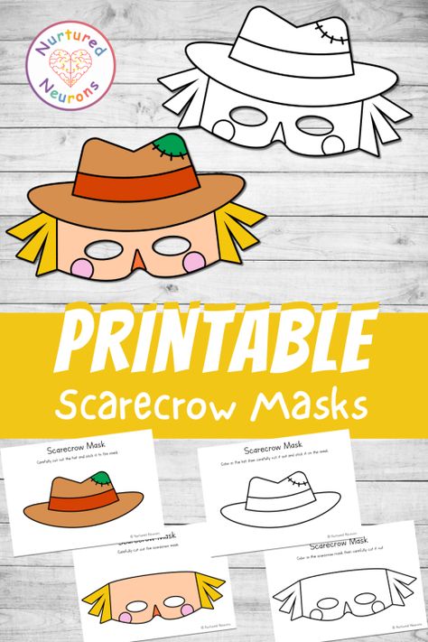 DIY Printable Scarecrow Masks (Coloring Mask Templates PDF) - Nurtured Neurons Scarecrow Printable, Learning Activities Kindergarten, Fall Learning Activities, Learning Schedule, Social Communication Skills, Scarecrow Mask, Mask Templates, Coloring Mask, Free Educational Printables