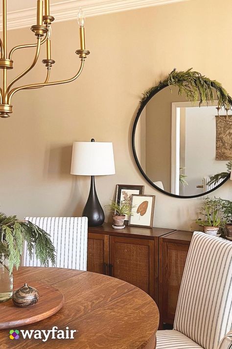 Bring the outdoors in with hints of greenery. Think: around the mirror, in the center of the table, and on the cabinets. Greenery Around Mirror, Natural Decor Ideas, Salon Suites, Natural Decor, Nature Decor, Rustic Home, Modern Rustic, The Mirror, The Outdoors