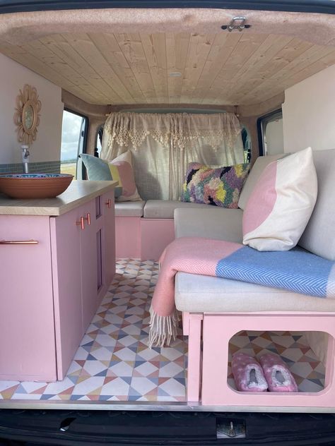 Van Colour Schemes, Refurbished Camper, Cottage Trailer, Micro Campers, Pink Camper, Groovy Room, Van Kitchen, Flamingo Bag, Camper Interior Design