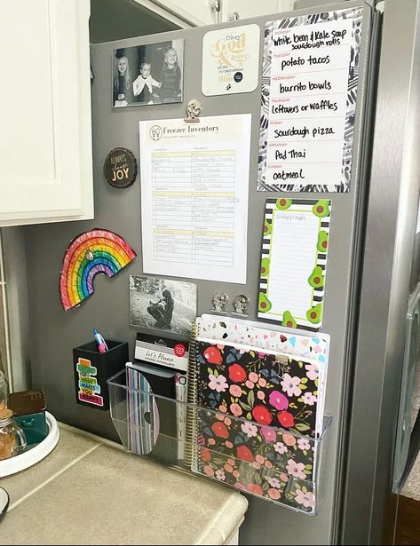 Home Organization Calendar, First Home Hacks, Realistic Home Organization, Command Center Side Of Fridge, Mini Command Center, Dining Room Command Center, Refrigerator Magnets Organization, Organizing Mail And Bills In Kitchen, Command Center Fridge