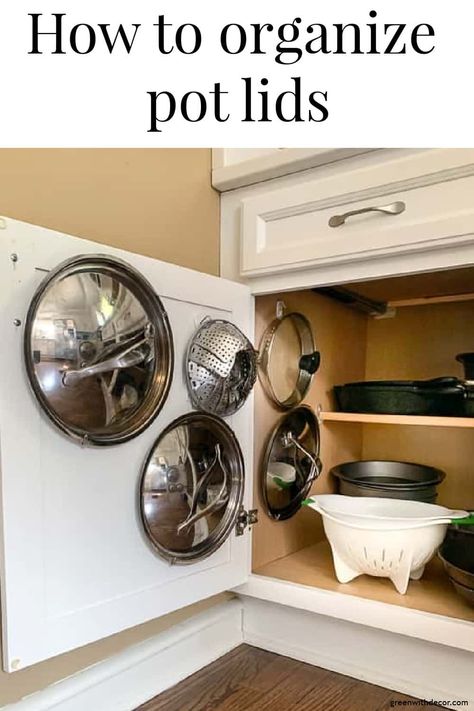 This fast, simple trick is genius if you’re wondering how to organize pot lids to keep your cabinet organized! This is so smart and easy! #greenwithdecor #organize #kitcheno Storage For Pot Lids, Diy Lid Holder, How To Organize Pot Lids, How To Store Pot Lids, Lid Storage Ideas Diy, Diy Pot Lid Holder, Pot Lid Storage Ideas, Organize Pot Lids, Pan Cabinet