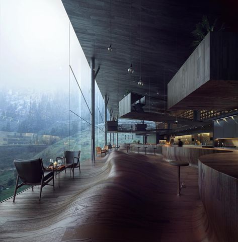 - Adventurous dining - Jensen & Skodvin - Vals/Switzerland, 2015 by Mir Minimal Interior Design, Wooden Floors, Architecture Rendering, Minimalism Interior, Hem Design, Hotel Design, Large Windows, Restaurant Design, Interior Design Inspiration