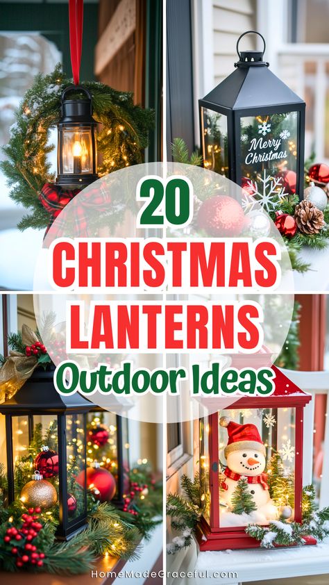 Brighten your front porch this Christmas with 20 stunning lantern decorating ideas! From rustic wood designs to charming DIY creations, these ideas combine cozy homemade touches with elegant outdoor decor. Transform your space with decorations featuring pine twigs, snowflakes, and festive baubles. Whether you're into classic red and green themes or prefer a neutral, rustic vibe, these lantern ideas are perfect for bringing holiday cheer to your outdoor setup. Large Christmas Lanterns, Lantern On Stairs, Decorating Outdoor Lanterns For Christmas, Christmas Outdoor Lanterns, Christmas Wood Lanterns, Christmas Lantern Ideas Front Porches, Antique Lanterns Decor Ideas, Christmas Porch Lantern Ideas, Winter Lantern Decor Ideas