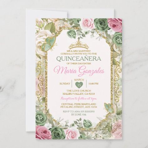 Pink Quinceañera Sage Green Gold Crown Butterfly #misquinceinvitation #misxvanos #floralprincessmisquince #mexicansweet15th #spanish16thbirthday #butterflysagegreengoldinvitation #sagegreengoldquinceanerainvitation #sagegreenmisquinceinvite #pinkprincessquinceanerainvitation #pinkflowersmisquince Sage Green And Pink Invitation, Quinces Invitation, Pink And Sage Green Quinceanera, Green And Pink Quinceanera, Quince Extras, Pink And Green Quinceanera, Tiana Quince, Lilac Quince, Sage Invitation