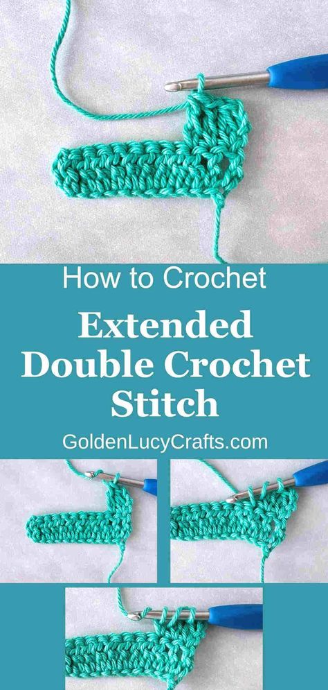 How to crochet an extended double crochet stitch - step-by-step instructions and video tutorial Extended Double Crochet, Back Post Double Crochet, Crochet Supplies, Crochet Stitches Video, Learn How To Crochet, Crochet Stitches For Beginners, Crochet Videos Tutorials, Double Crochet Stitch, Crochet Stitches Tutorial