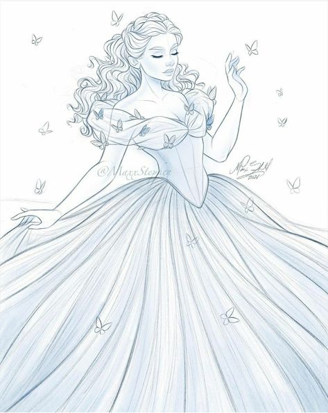 Cinderella Dress Sketch, How To Draw A Wedding Dress, Fairytale Sketches, Draw Cinderella, Cinderella Sketch, Princess Dress Drawing, Cinderella Drawing, Cinderella Coloring Pages, Disney Movie Art