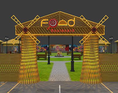 Outdoor Food Court Design, Food Court Design Outdoor, Food Court Design Ideas, Outdoor Food Court, Bamboo Gate, Sensory Playground, Food Court Design, Bamboo Roof, Door Games