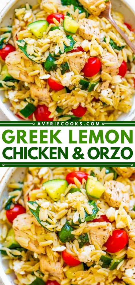 Greek Lemon Chicken and Orzo - Averie Cooks Lemon Chicken And Orzo, Chicken And Orzo, Mediterranean Recipes Healthy, Mediterranean Diet Recipes Dinners, Orzo Pasta Salad, Greek Lemon Chicken, Orzo Recipes, Easy Mediterranean Diet Recipes, Chicken Orzo