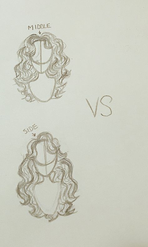 How I draw my side parts or middle parts for reference! How To Draw A Middle Part, Middle Part Hairstyles Drawing, How To Draw Middle Part Hair, Hair Drawing Middle Part, Front Facing Hair Drawing, Laying Down Pose Drawings Side View, Middle Part Drawing, Wavy Hair Side Part, Hair Side Part