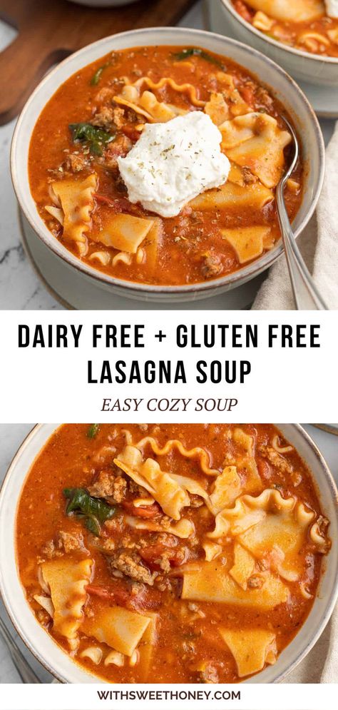 Delicious gluten free and dairy free lasagna soup. Made in under 30 minutes and perfect for leftovers that the whole family will love. #lasagna #glutenfree #dairyfree #souprecipe #soup Dairy Free Lasagna Soup, Soup Gluten Free Dairy Free, Gluten Free Lasagna Soup, Gluten Free Dairy Free Recipes Dinner, Dairy Free Lasagna, Soup Gluten Free, Dairy Free Recipes Dinner, Gluten Free Lasagna, Dairy Free Soup